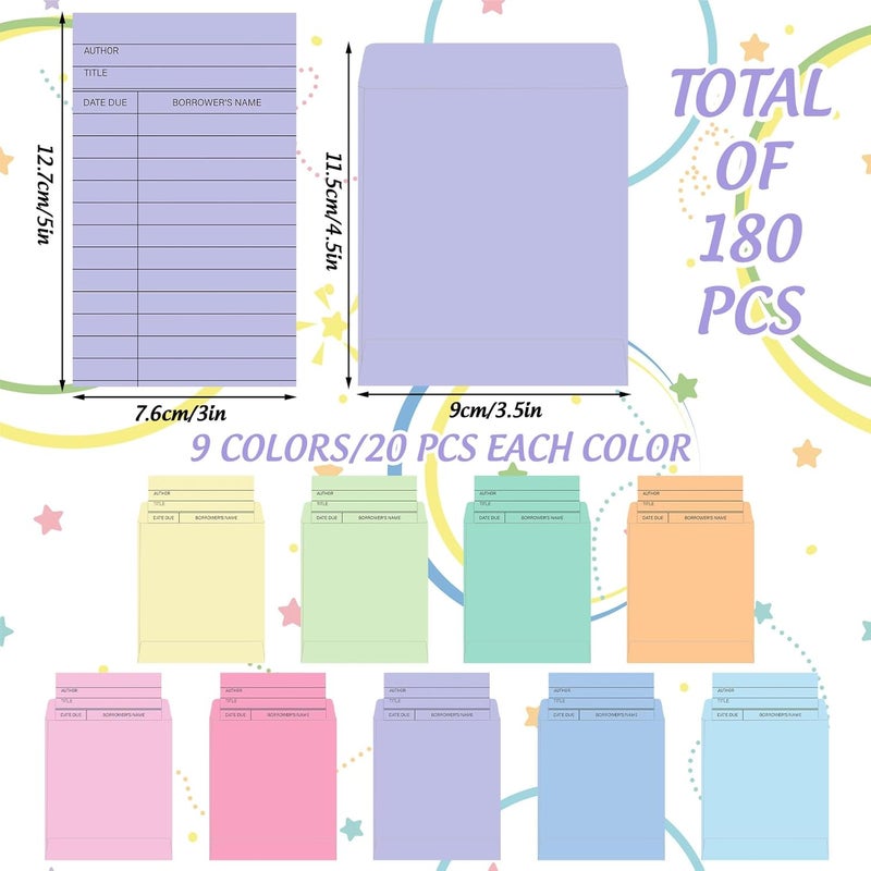 Whaline 180Pcs Library Pockets and Check Out Cards 9 Pastel Colors Due Date Note Card Colorful Self Adhesive Envelopes for Classroom Office Public Library Supplies - Image 2